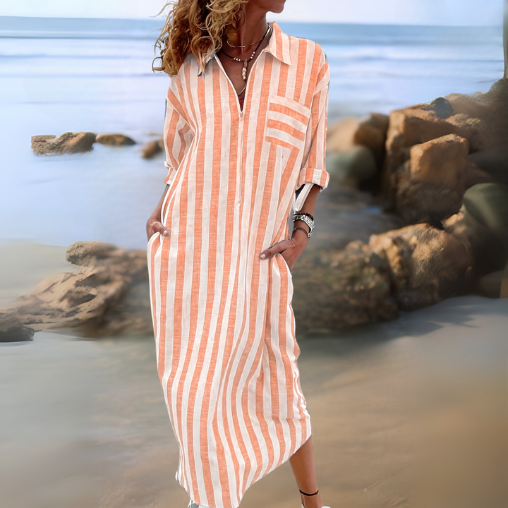 Linda™ | Elegant striped dress with V-neckline