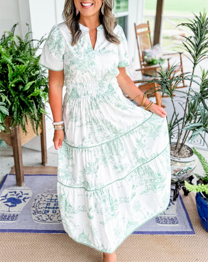 Alexia™ – Vintage Toile Print Maxi Dress for Effortless Elegance