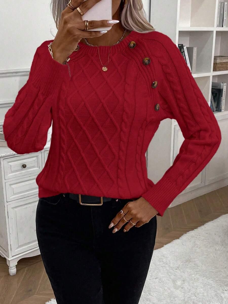 Clara – Button-Detail Cable Knit Sweater