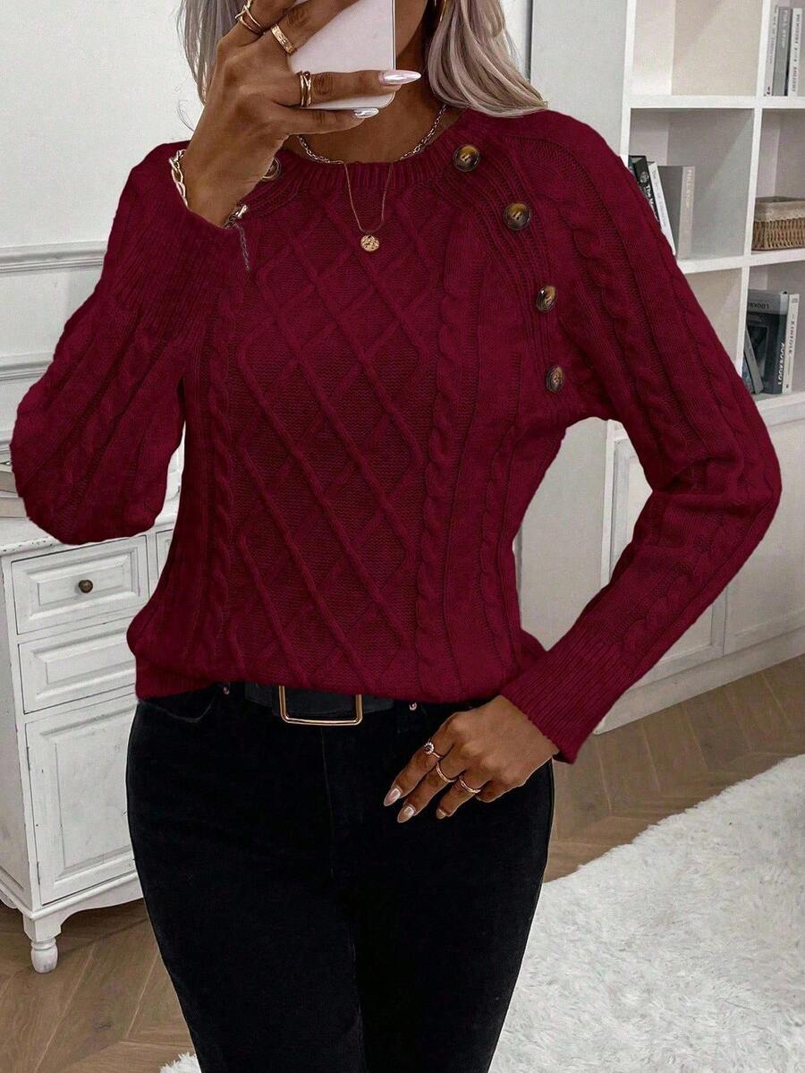 Clara – Button-Detail Cable Knit Sweater