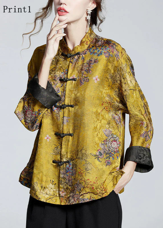 Silk Stand Collar Coat in Golden Brown