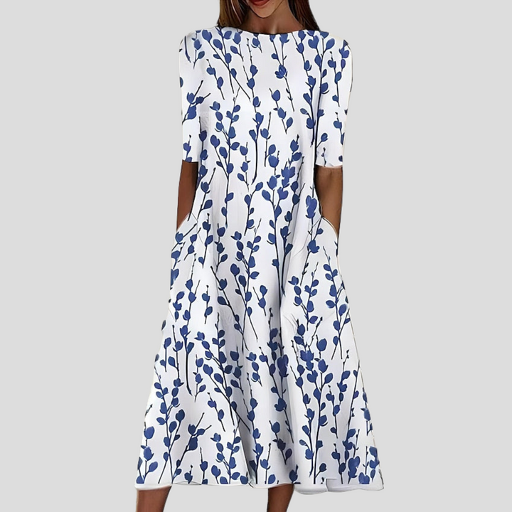 Leigh™ – Coastal Floral Midi Dress with Classic Round Neck