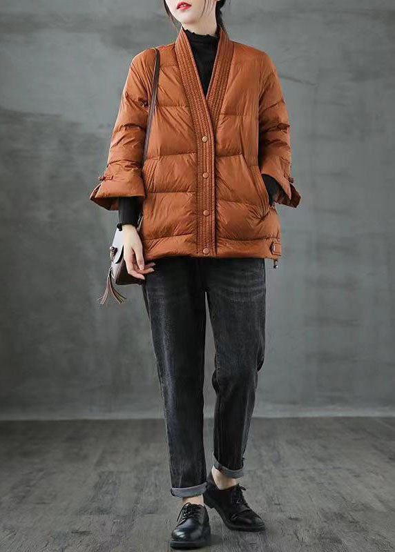 Caramel V-Neck Down Jacket - Luxurious Winter Warmth