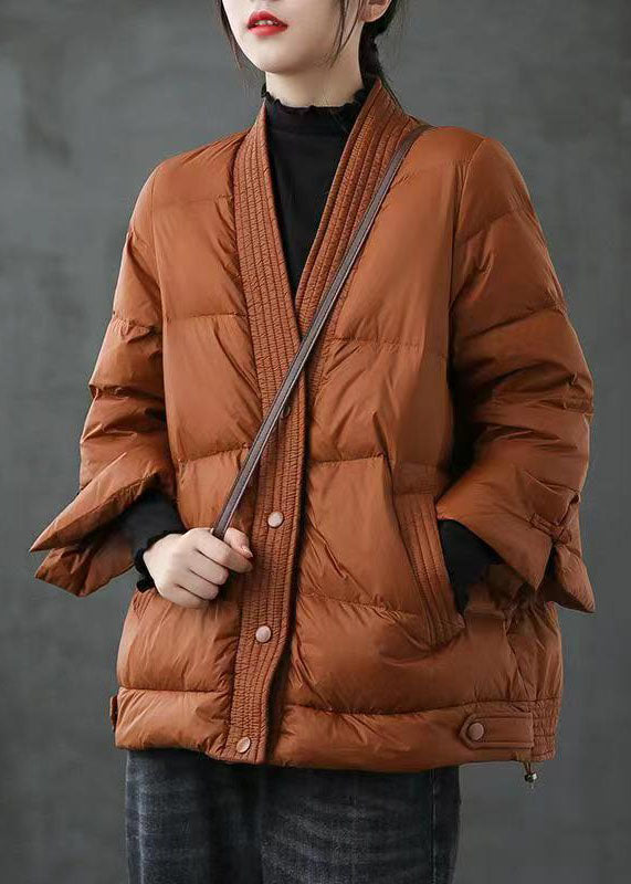 Caramel V-Neck Down Jacket - Luxurious Winter Warmth
