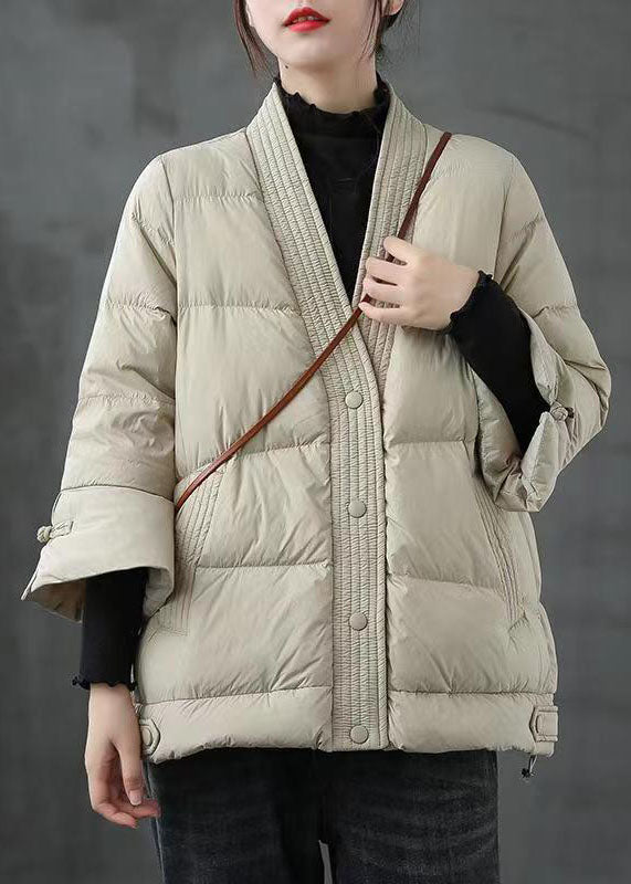 Caramel V-Neck Down Jacket - Luxurious Winter Warmth