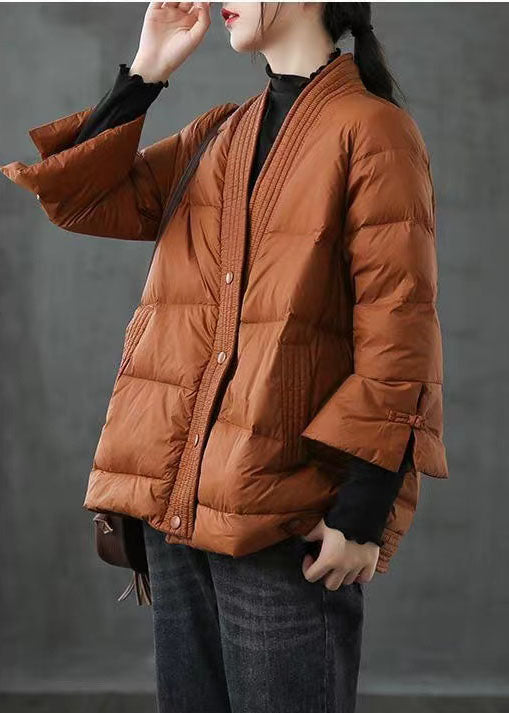 Caramel V-Neck Down Jacket - Luxurious Winter Warmth