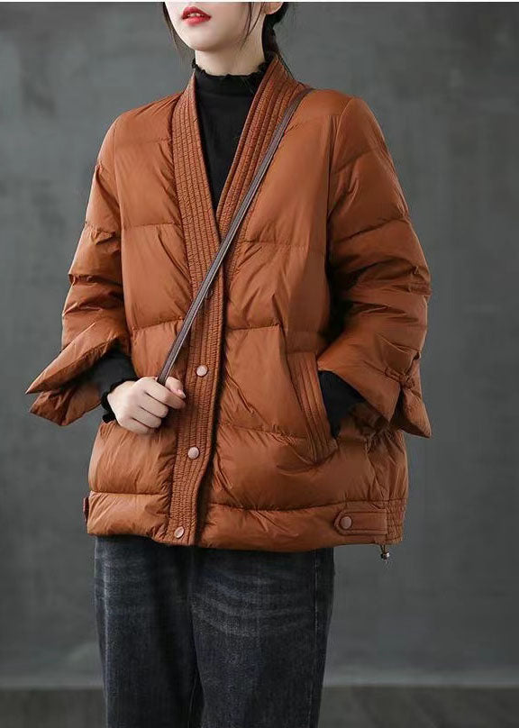 Caramel V-Neck Down Jacket - Luxurious Winter Warmth