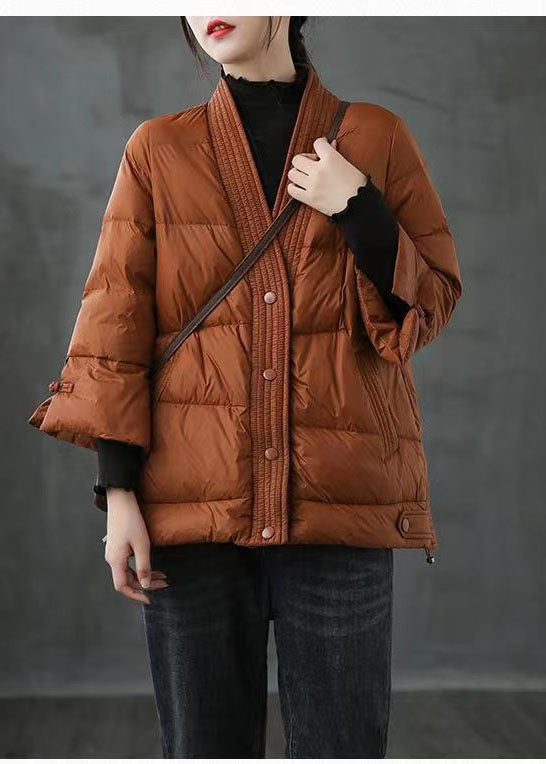 Caramel V-Neck Down Jacket - Luxurious Winter Warmth