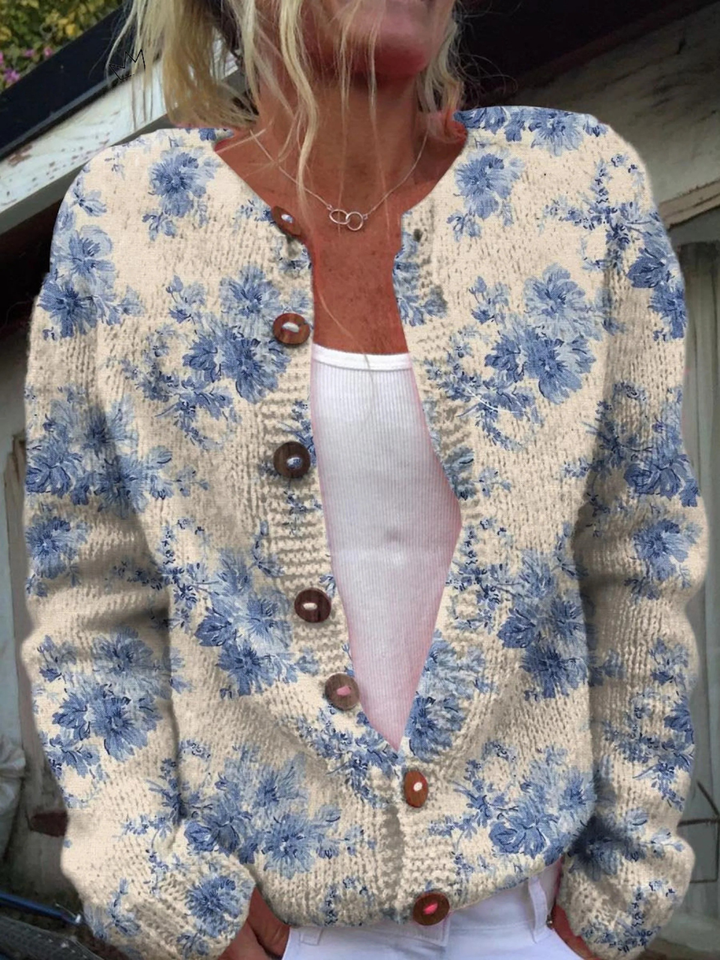 Floral Art Print Button-Up Cardigan in Luxurious Knit