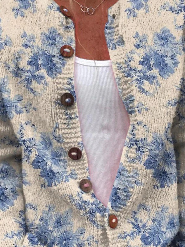 Floral Art Print Button-Up Cardigan in Luxurious Knit