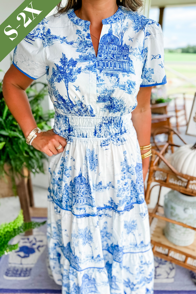 Alexia™ – Vintage Toile Print Maxi Dress for Effortless Elegance