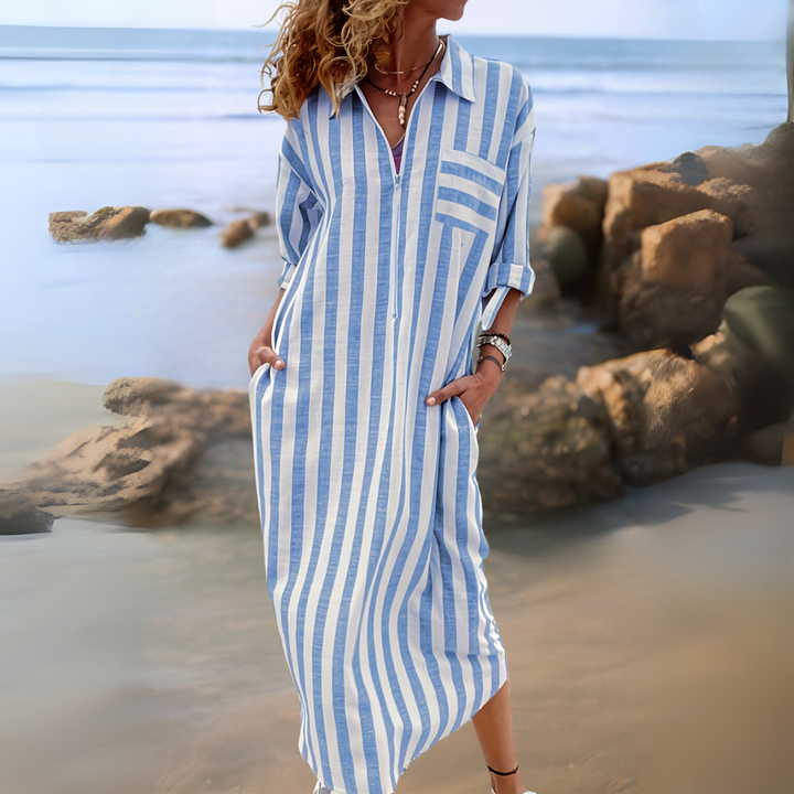 Linda™ | Elegant striped dress with V-neckline
