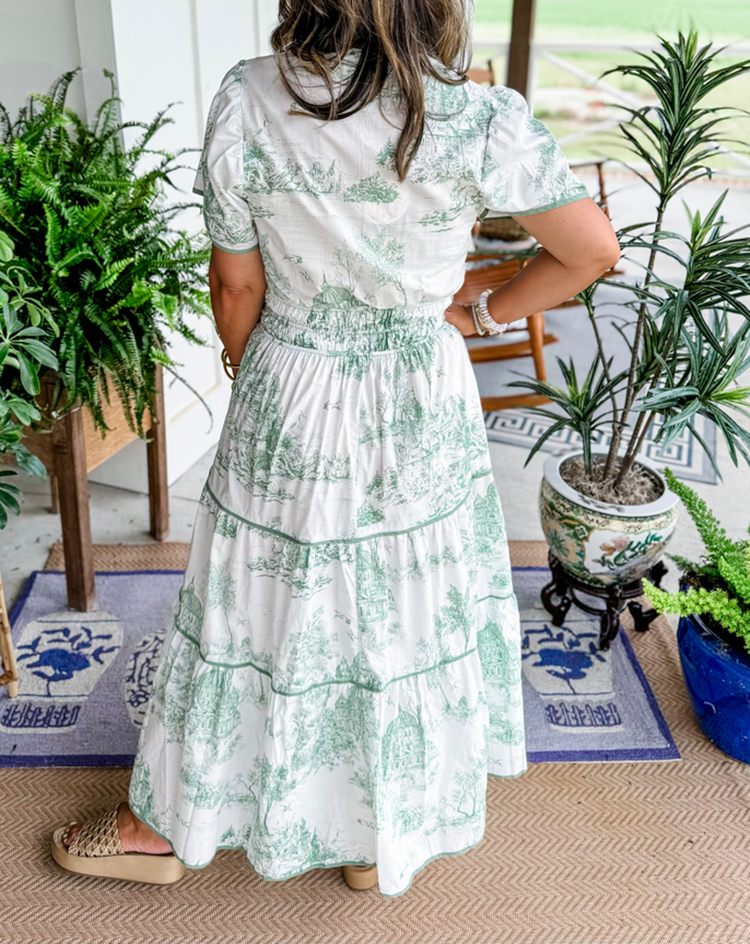 Alexia™ – Vintage Toile Print Maxi Dress for Effortless Elegance