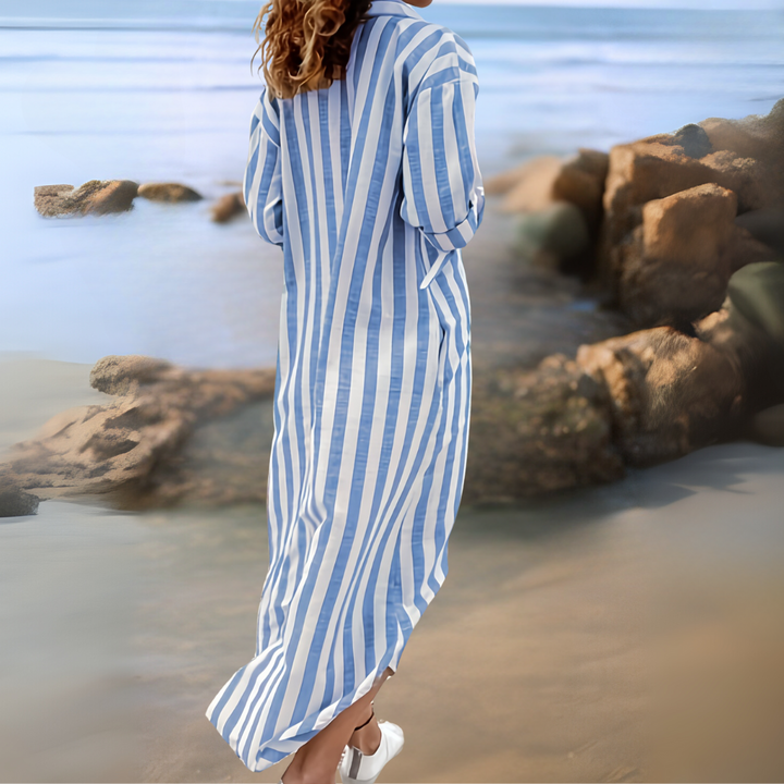 Linda™ | Elegant striped dress with V-neckline