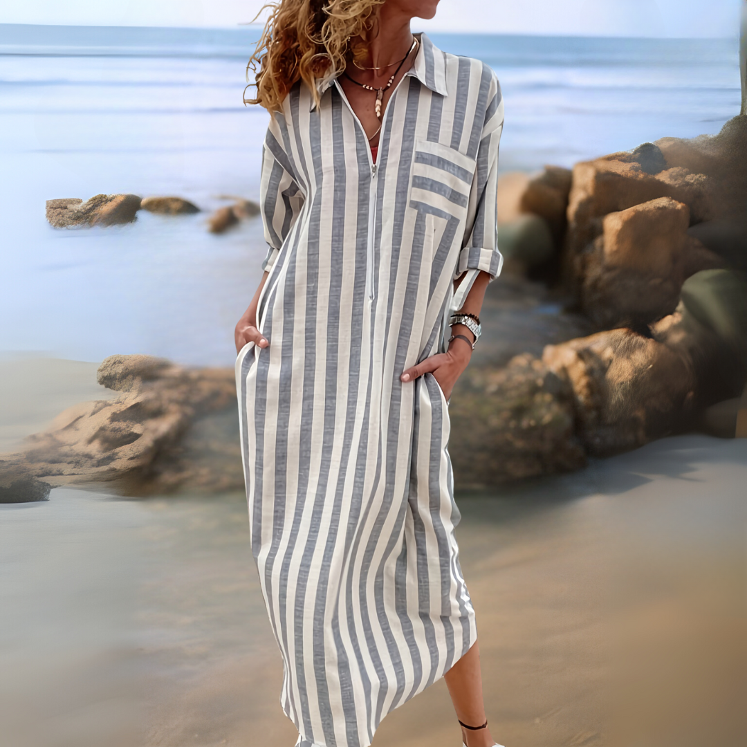 Linda™ | Elegant striped dress with V-neckline