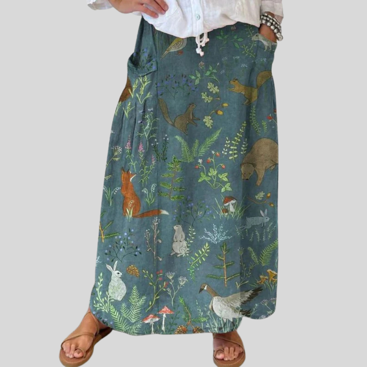Floral Animal Print Linen Pocket Skirt