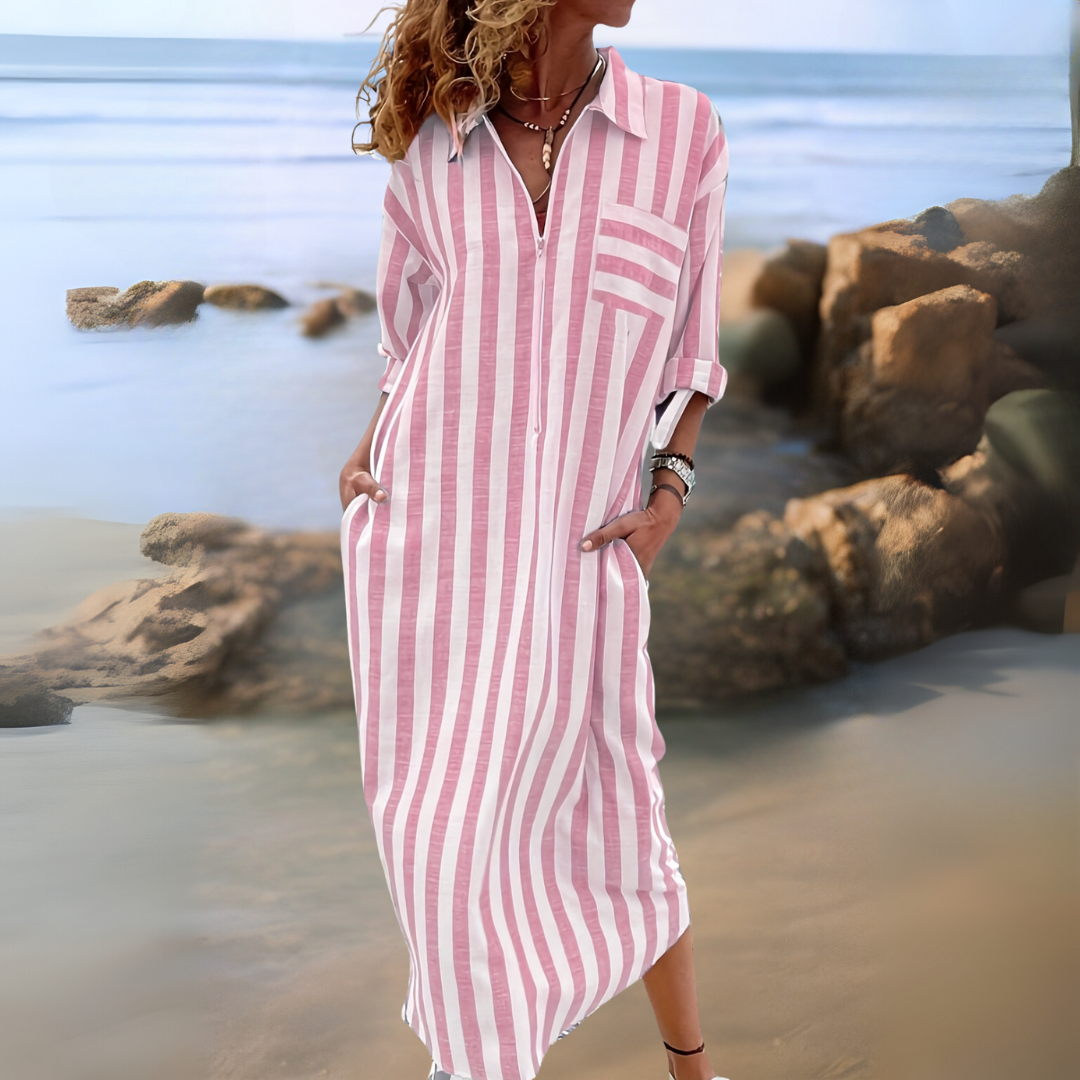 Linda™ | Elegant striped dress with V-neckline