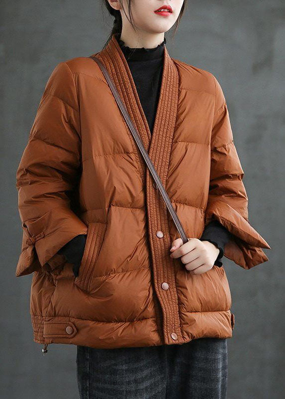 Caramel V-Neck Down Jacket - Luxurious Winter Warmth