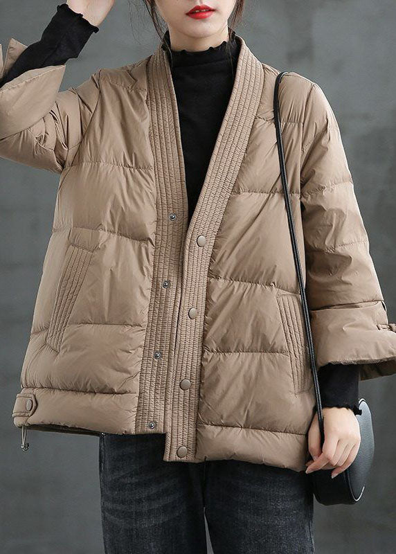 Caramel V-Neck Down Jacket - Luxurious Winter Warmth