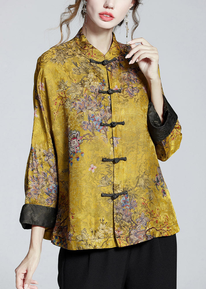 Silk Stand Collar Coat in Golden Brown