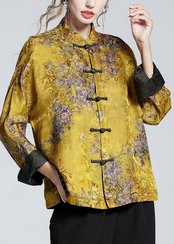 Silk Stand Collar Coat in Golden Brown