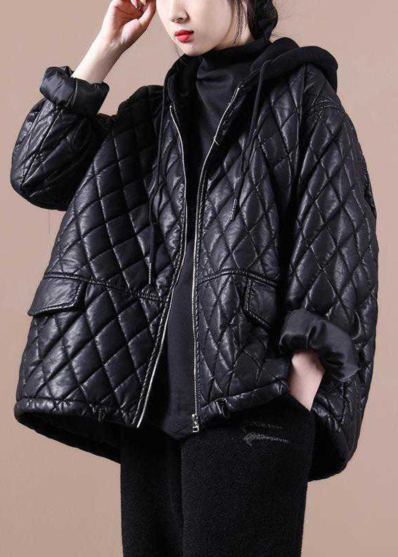 Chic Black Hooded Patchwork Winter Coat in Luxe Fabric