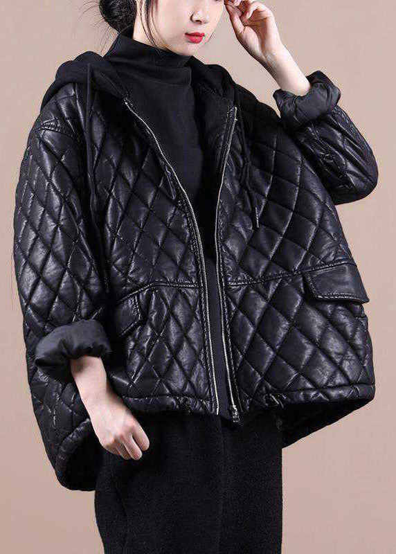 Chic Black Hooded Patchwork Winter Coat in Luxe Fabric