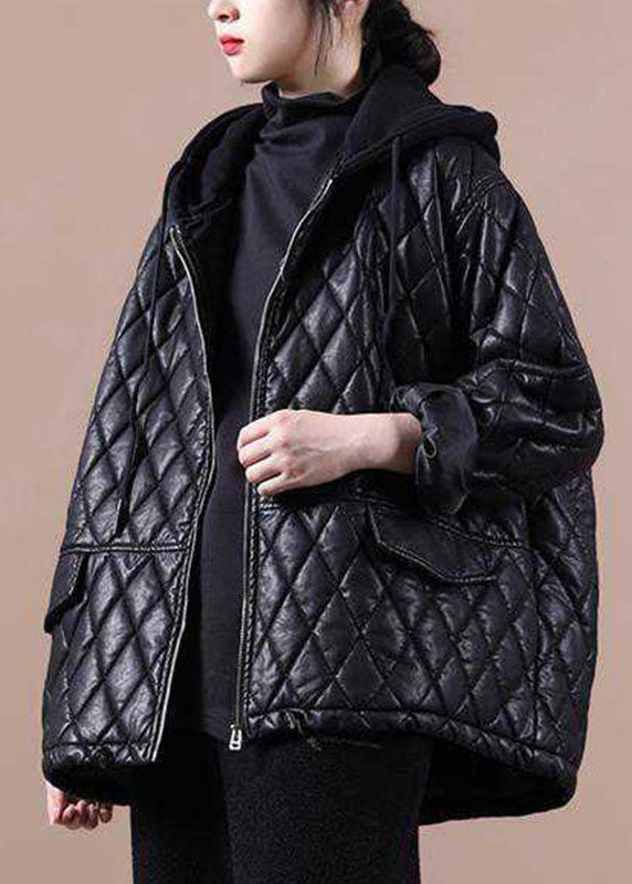 Chic Black Hooded Patchwork Winter Coat in Luxe Fabric