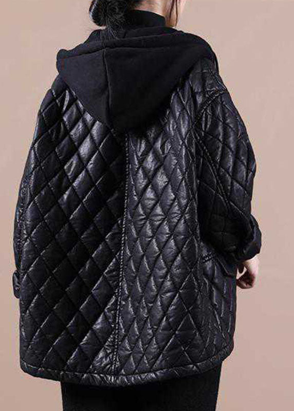 Chic Black Hooded Patchwork Winter Coat in Luxe Fabric