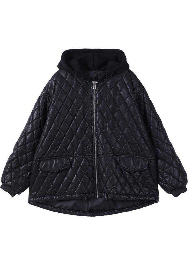Chic Black Hooded Patchwork Winter Coat in Luxe Fabric