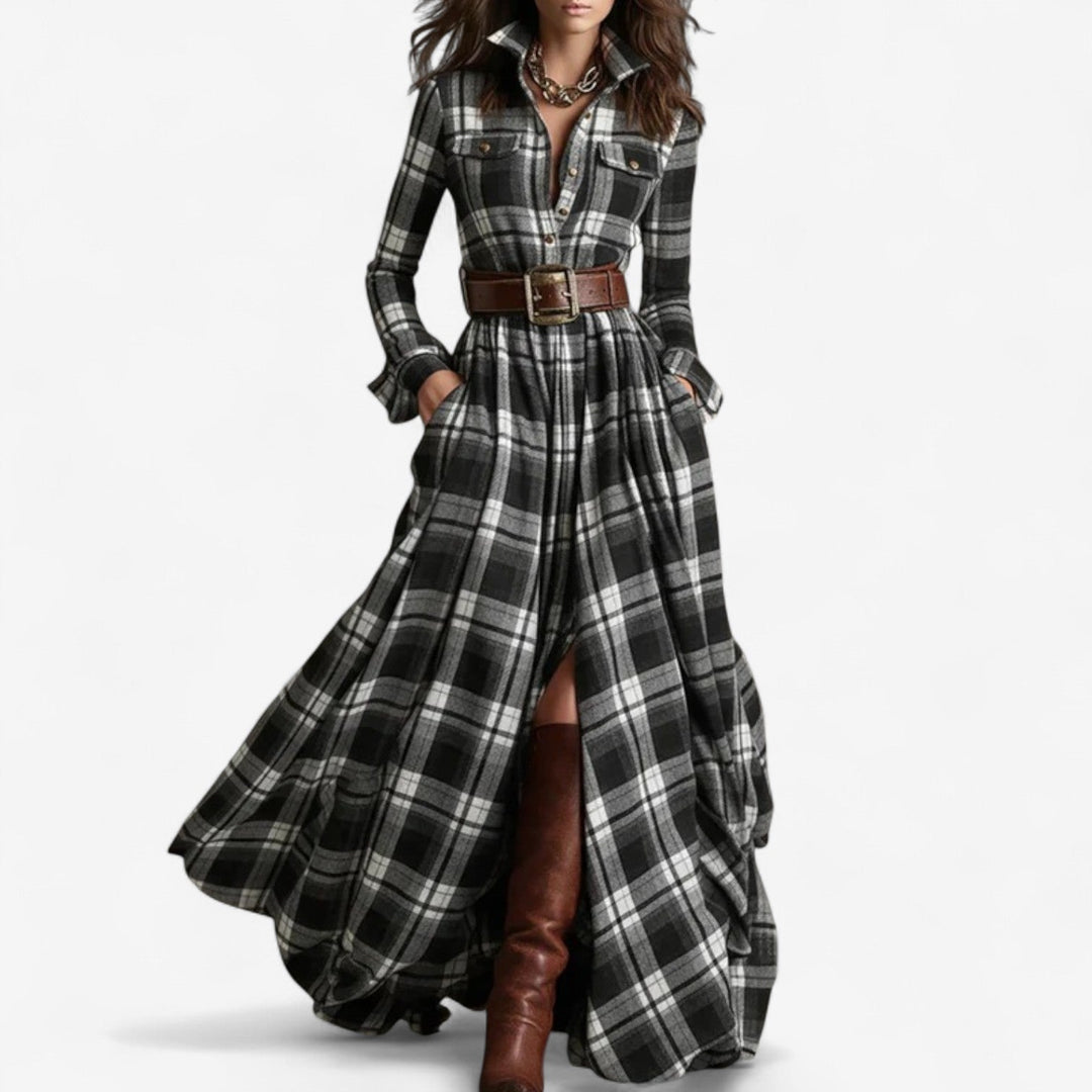 Hayden Barbara™ | Elegant Checkered Maxi Dress in Luxe Fabric