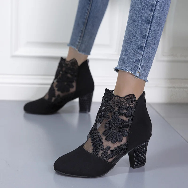 Heloise™ | Elegant Lacy High Heels Mesh Boots