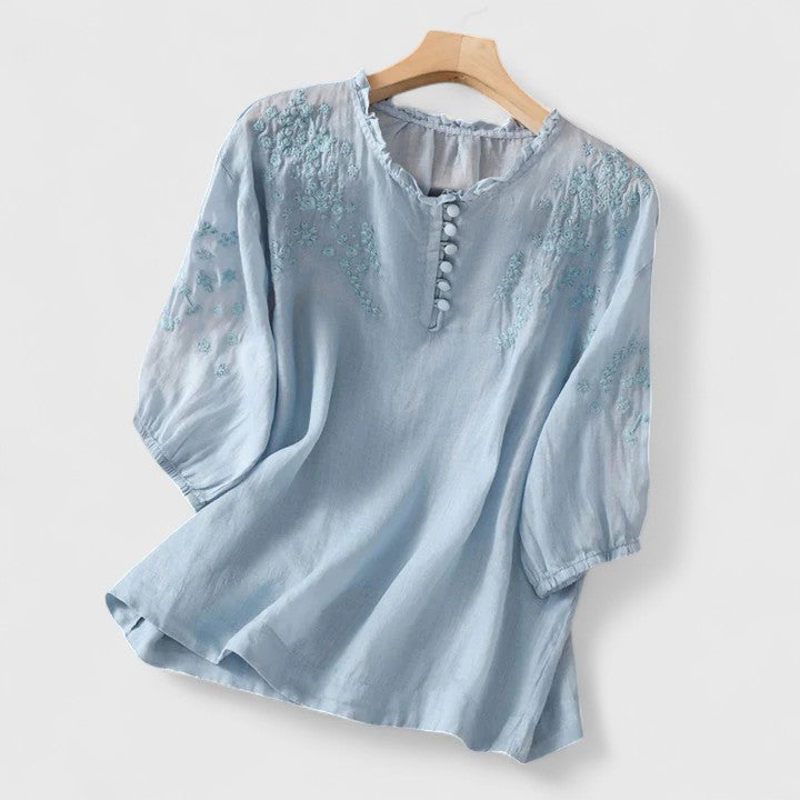 Janet™ – Embroidered Button-Front Blouse with Timeless Elegance