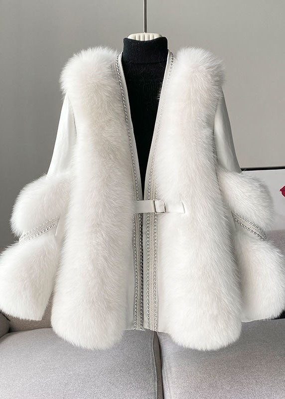 Chic White V-Neck Mink Hair Coat for Winter