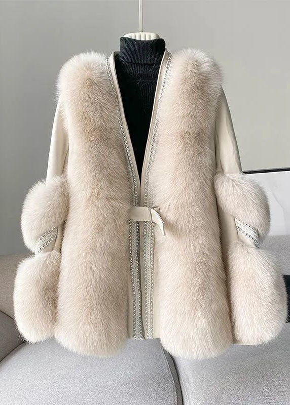Chic White V-Neck Mink Hair Coat for Winter