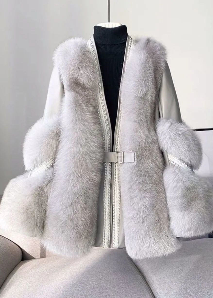 Chic White V-Neck Mink Hair Coat for Winter