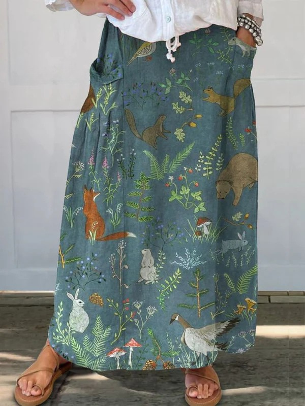 Floral Animal Print Linen Pocket Skirt