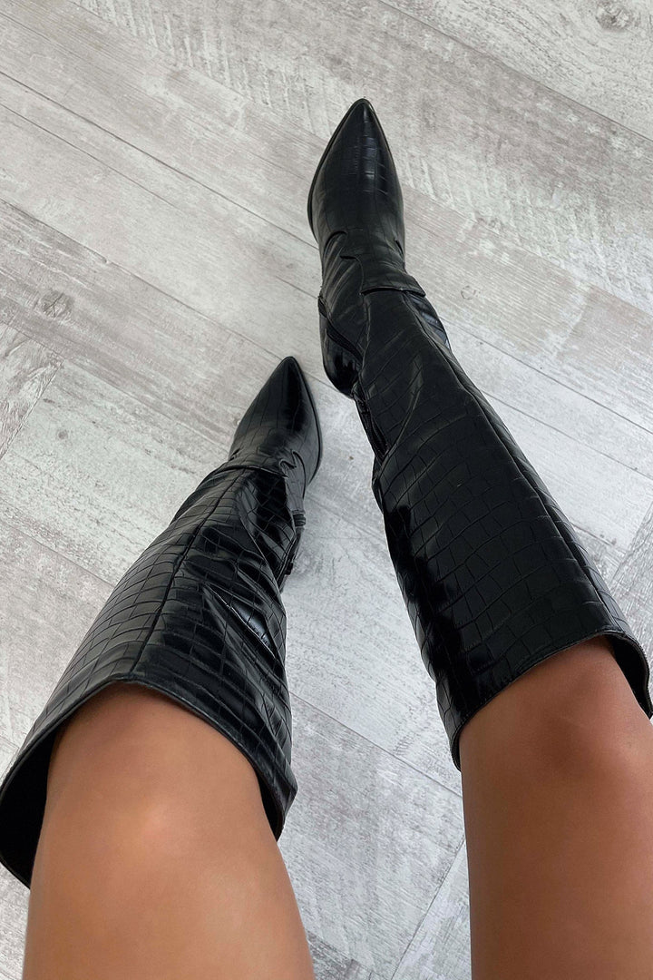 Mila™ Black Croc Knee-High Boots
