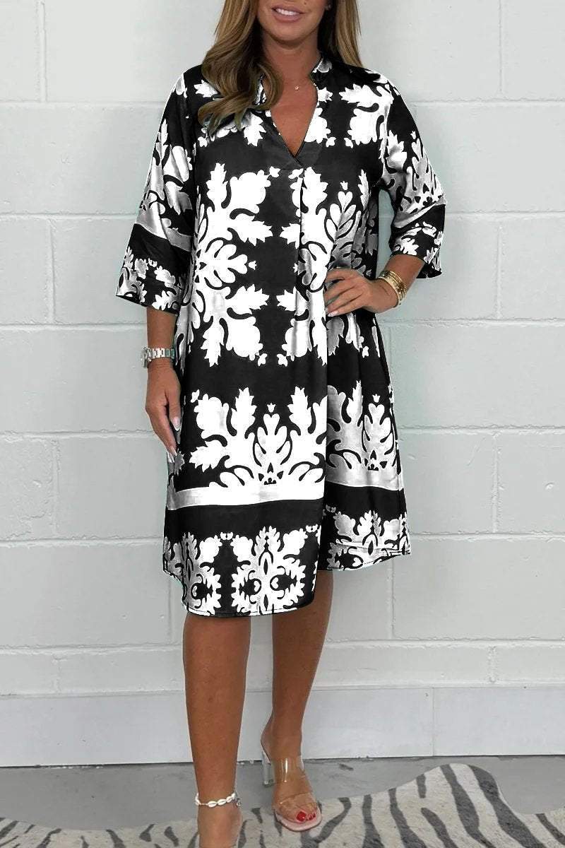 Yaslin™ – Elegant Printed Midi Dress with Flowing Silhouette
